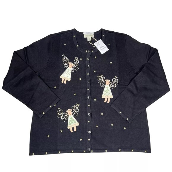 Limited Edition Appleseed's Womens Black Christmas Angels Cardigan Sweater Sz XL - Picture 3 of 16